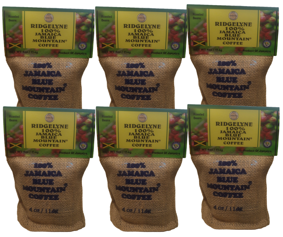 Jamaica Blue Mountain Coffee, Medium Roasted Organic Whole Beans by Ridgelyne 4oz -Pack of 6