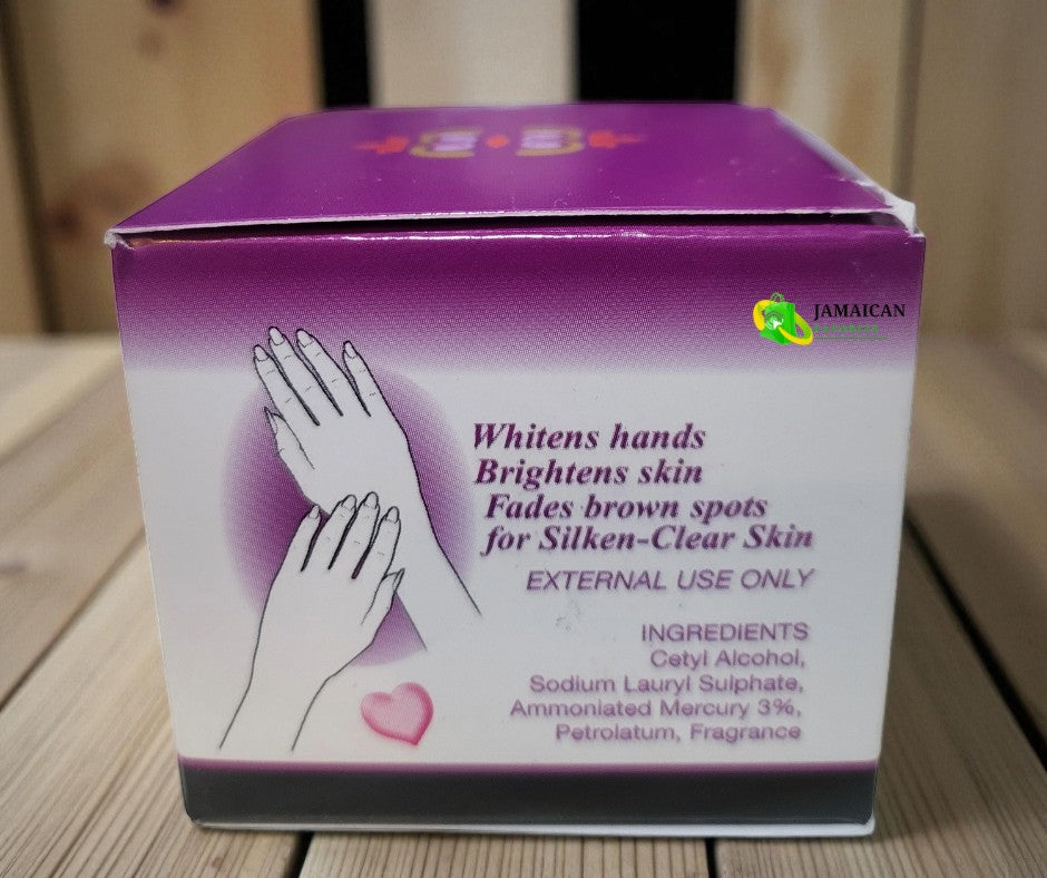 Deluxe Silken Bleaching Cream box showing benefits – whitens hands, brightens skin, and fades brown spots for a silken-clear glow. Popular with Canadian skincare shoppers seeking radiant, even-toned skin