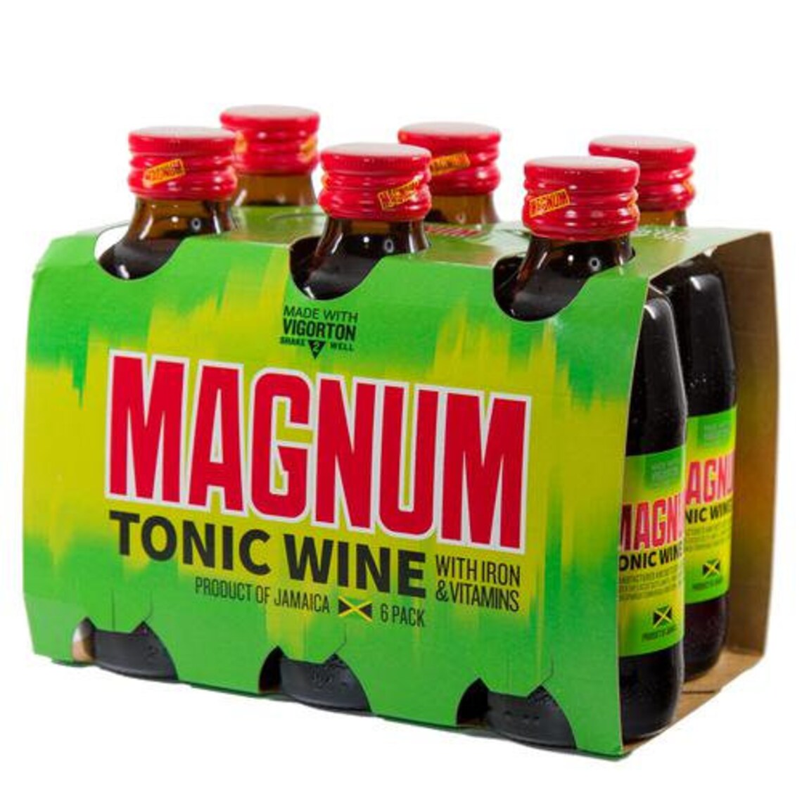 Magnum Tonic Wine 200ml 6-pack with vibrant red and green packaging featuring the Jamaican flag. A fortified wine made with iron and vitamins to enhance energy, stamina, and sexual vitality. Authentic Jamaican drink available online for customers in Ontario, Quebec, and Winnipeg, Canada.