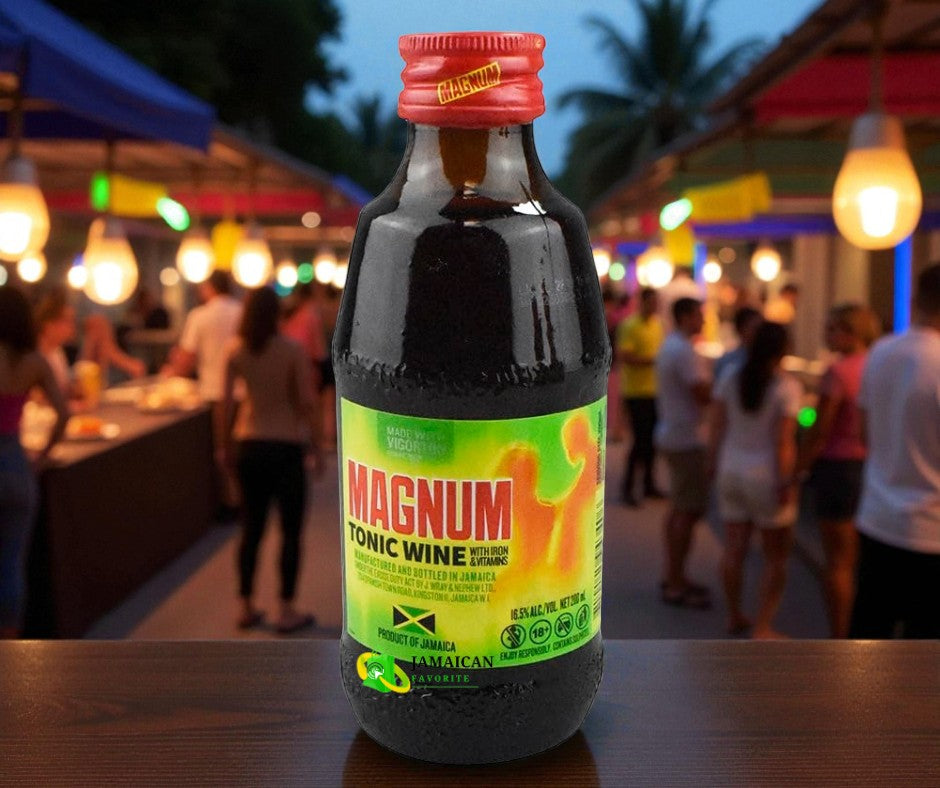 Magnum Tonic Wine 200ml bottle displayed in a lively nightlife setting – authentic Jamaican tonic with iron and vitamins that boost energy, stamina, and sexual vitality. Available online in Canada with bundle discount options.