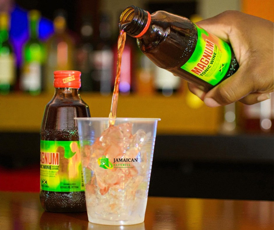 Magnum Tonic Wine being poured over ice in a clear cup – authentic Jamaican tonic infused with iron and vitamins to boost energy, stamina, and vitality. Available online in Canada with bundle discount options.