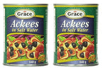 Two cans of Grace Ackees in Salt Water on a white background