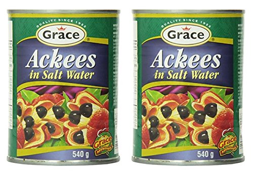 Two cans of Grace Ackees in Salt Water on a white background