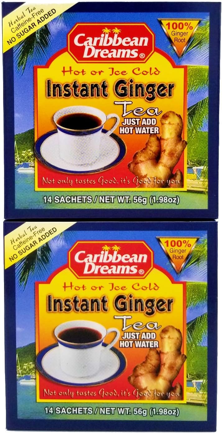 Caribbean Dreams Ginger Tea Unsweetened are caffeine Free, rich in Antioxidants, Vitamins, and are truly delicious when served traditionally as Hot Tea or as Iced Tea.