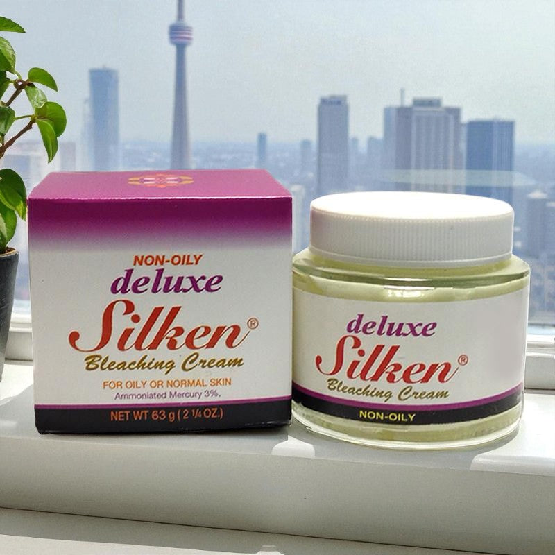 Silken Bleaching Cream jar and box with a cityscape background