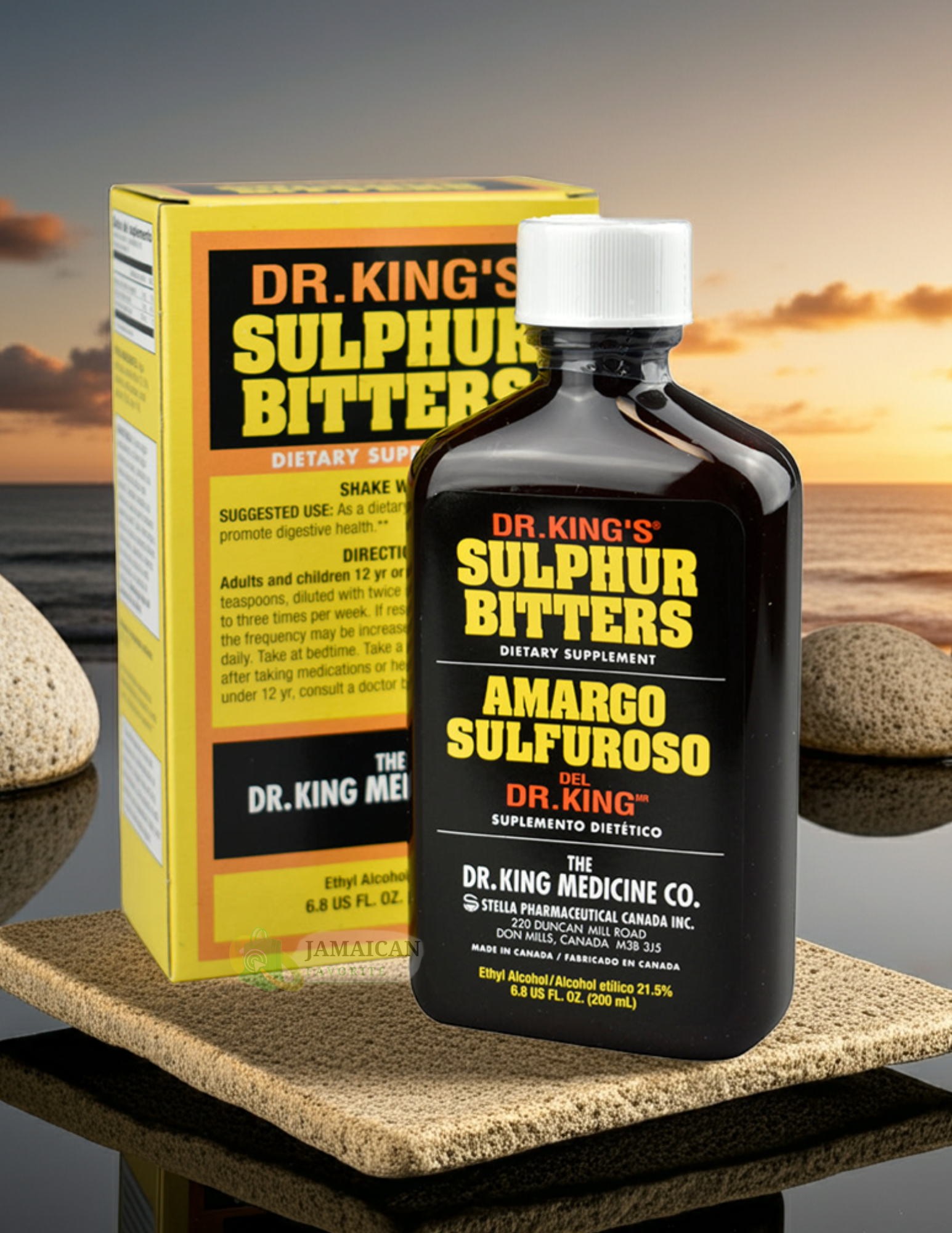 Dr. King's Sulphur Bitters bottle and packaging on a table with a sunset background