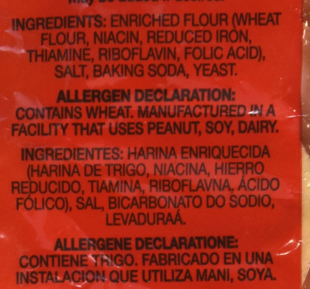 Allergen and ingredient declaration text on a red background