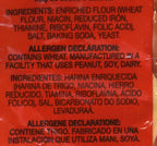Allergen and ingredient declaration text on a red background