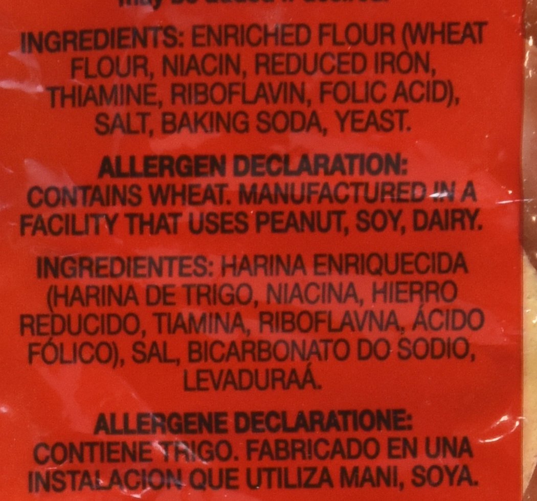 Allergen and ingredient declaration text on a red background