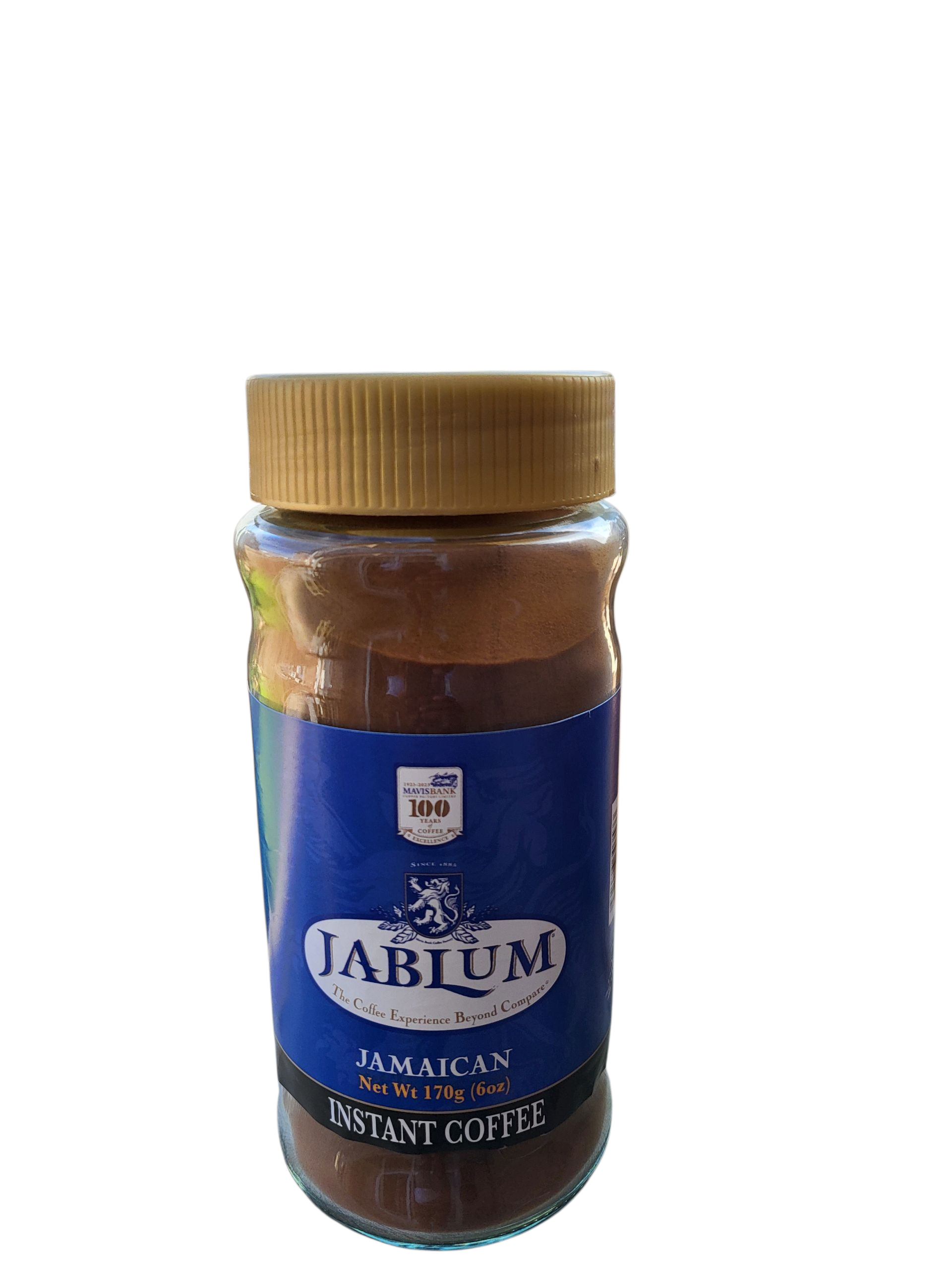Jar of Jablum Jamaican instant coffee on a white background