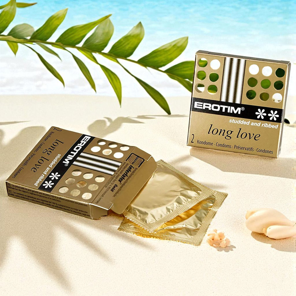 Erotim condoms packaging with a scenic background