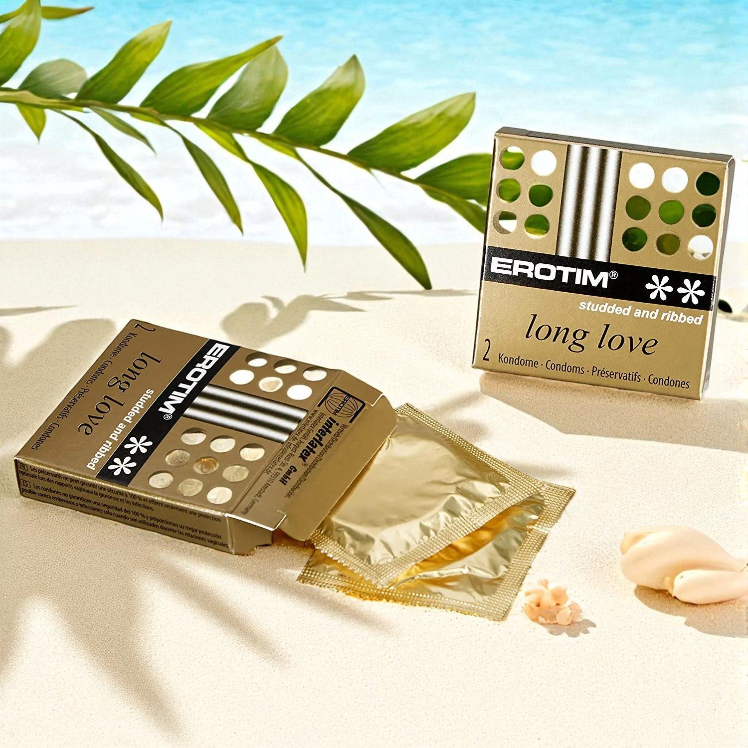 Erotim condoms packaging with a scenic background