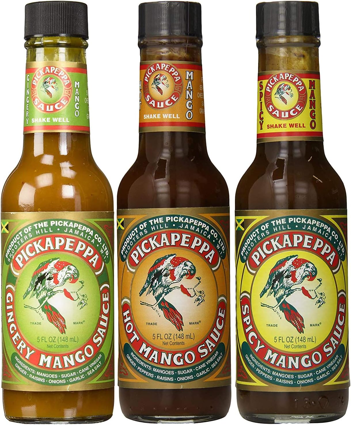 Pickapeppa Sauce Gingery Mango Sauce, Spicy Mango Sauce & Hot Mango