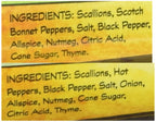 Ingredients: Scallions, Scotch Bonnet Peppers, Salt, Black Pepper, Allspice, Nutmeg, Citric Acid, Sugar, and Thyme.