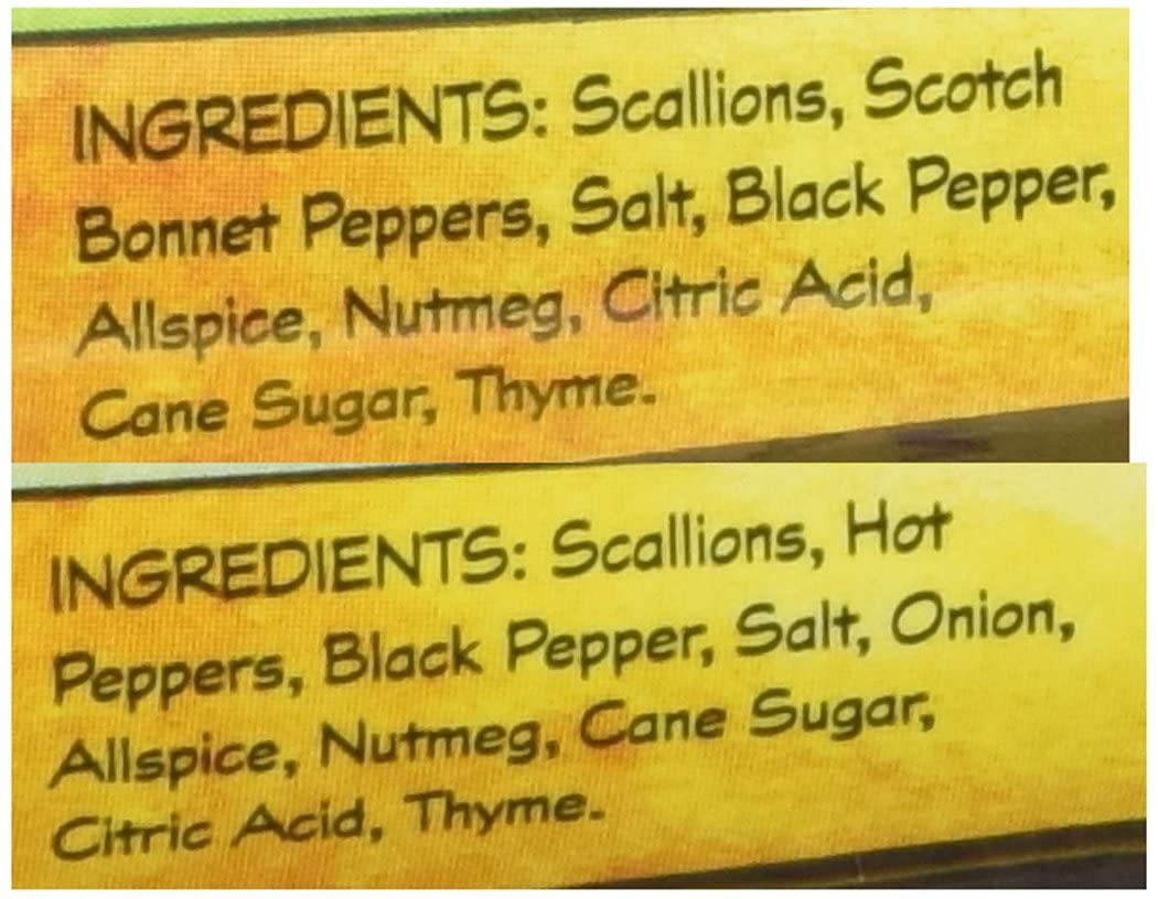 Ingredients: Scallions, Scotch Bonnet Peppers, Salt, Black Pepper, Allspice, Nutmeg, Citric Acid, Sugar, and Thyme.