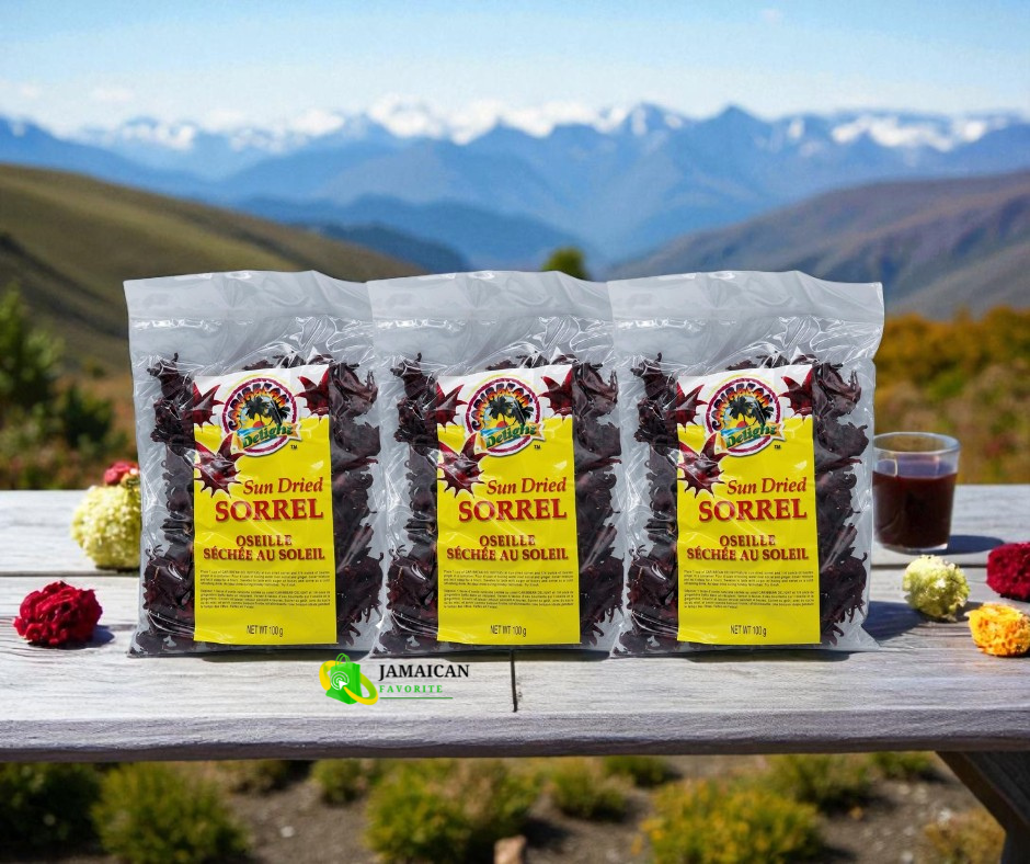 Caribbean Delight Sun Dried Sorrel (3 Pack) displayed outdoors with mountain scenery — premium Jamaican dried hibiscus petals for making authentic sorrel drink, rich in antioxidants and natural flavor, ideal for Canadian shoppers seeking tropical taste and healthy beverages.