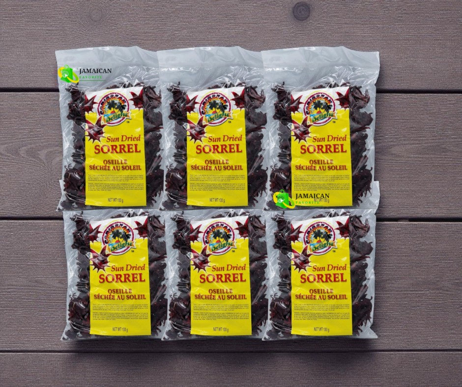 Caribbean Delight Sun Dried Sorrel (6 Pack) – authentic Jamaican dried hibiscus petals displayed on wooden background, perfect for making traditional sorrel drink. Rich in antioxidants and vitamin C, ideal for Canadian shoppers seeking healthy Caribbean flavors.