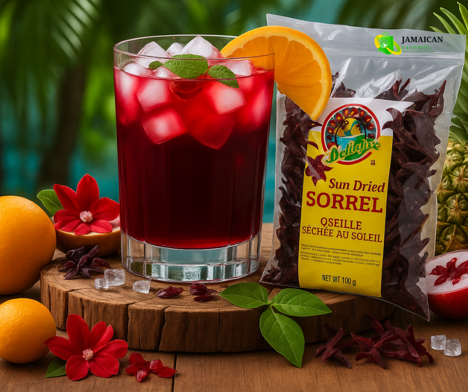 Caribbean Delight Sun Dried Sorrel with a glass of refreshing red hibiscus drink garnished with orange slice and mint, surrounded by tropical fruits and flowers — showcasing authentic Jamaican flavor and freshness for Canadian shoppers seeking healthy Caribbean beverages.