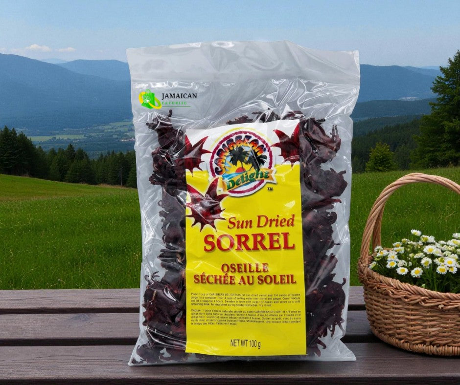 Caribbean Delight Sun Dried Sorrel 100g – nutrient-rich Jamaican hibiscus loaded with vitamins, minerals, and antioxidants. Perfect for healthy teas and festive drinks. Shop online in Canada with bundle discount options