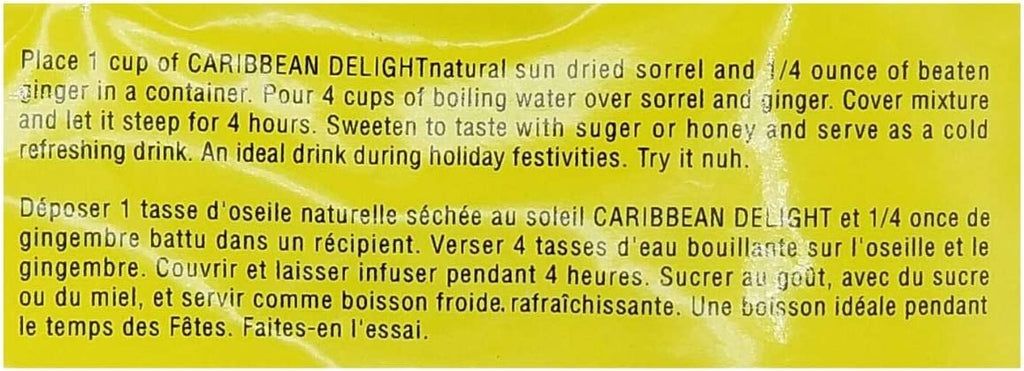 Caribbean Delight Sun Dried Sorrel Nutrition Facts label showing 60 calories per 20g serving, 0g fat, 14g carbohydrates, 7g fiber, 1g protein, 30% calcium, and 15% iron, highlighting the healthy and natural benefits of Jamaican hibiscus petals.