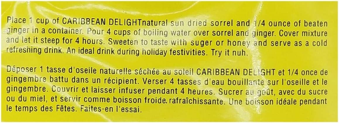 Caribbean Delight Sun Dried Sorrel Nutrition Facts label showing 60 calories per 20g serving, 0g fat, 14g carbohydrates, 7g fiber, 1g protein, 30% calcium, and 15% iron, highlighting the healthy and natural benefits of Jamaican hibiscus petals.