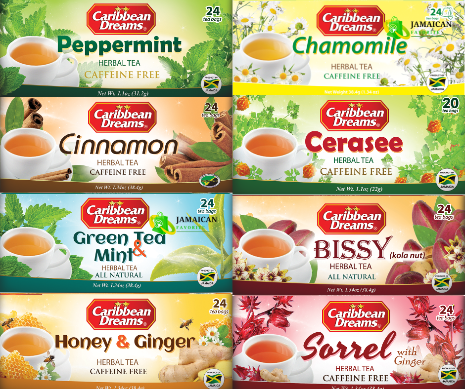 Caribbean Dreams Herbal Teas Collection — Peppermint, Ginger, Honey & Ginger, Cinnamon, Green Tea & Mint, Ginger Lemon, Cerasee, Bissy (Kola Nut), Sorrel, Ginger Mint, and Chamomile — bundle discount and fast shipping in Canada