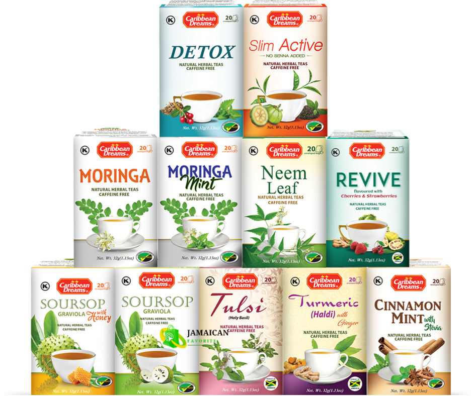 Caribbean Dreams Herbal Teas Collection — Soursop, Soursop with Honey, Tulsi, Moringa, Moringa Mint, Cinnamon Mint with Stevia, Turmeric with Ginger, Detox, Slim Active, Revive, and Neem Leaf — natural caffeine-free teas with bundle discount available in Canada