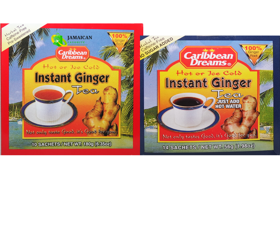 Caribbean Dreams Instant Ginger Tea Sweetened and Unsweetened — 100% Ginger Root, caffeine-free herbal tea mix for hot or iced drinks, bundle discount available in Canada