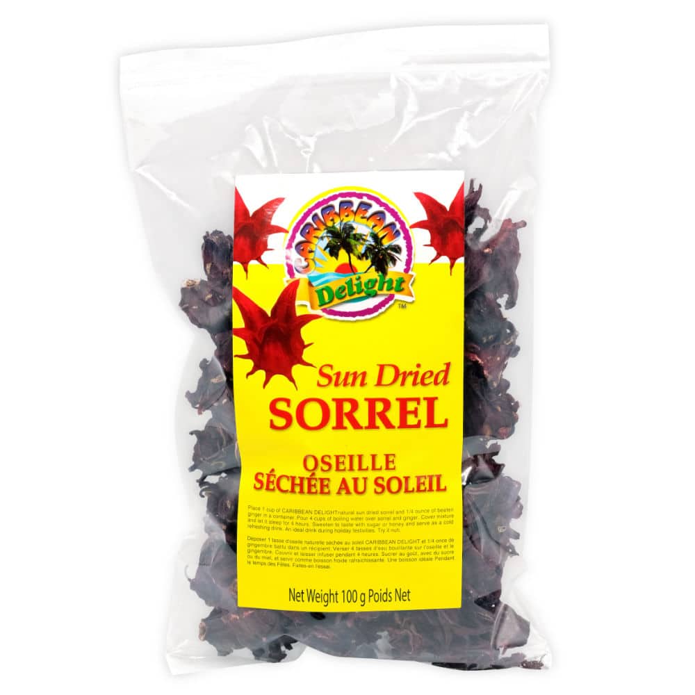 Bag of sun-dried sorrel with a yellow label on a white background