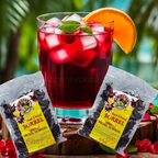 Sun dried sorrel with ice and orange slice, accompanied by two packages of sun-dried sorrel on a wooden surface.