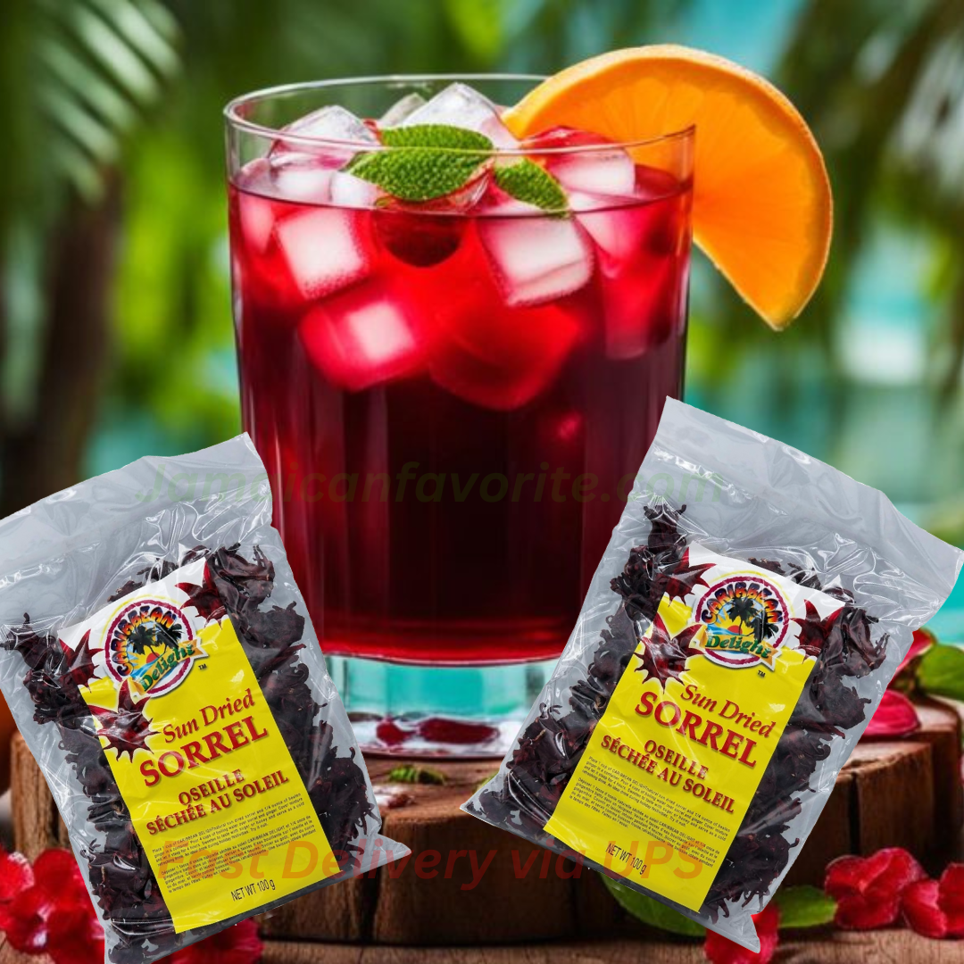 Sun dried sorrel with ice and orange slice, accompanied by two packages of sun-dried sorrel on a wooden surface.