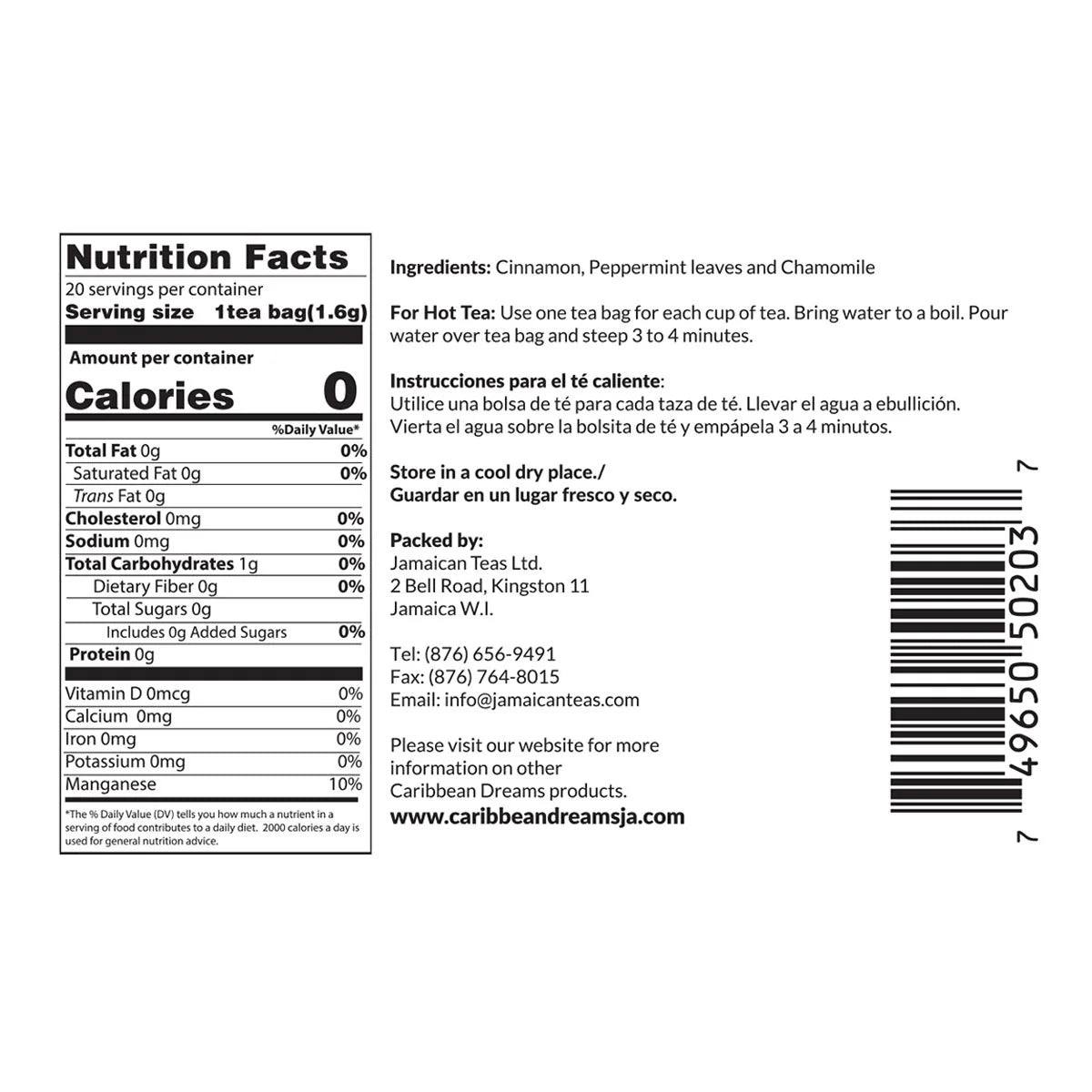 Caribbean Dreams Cinnamon Mint with Stevia, All Natural Herbal Teas, Caffeine Free