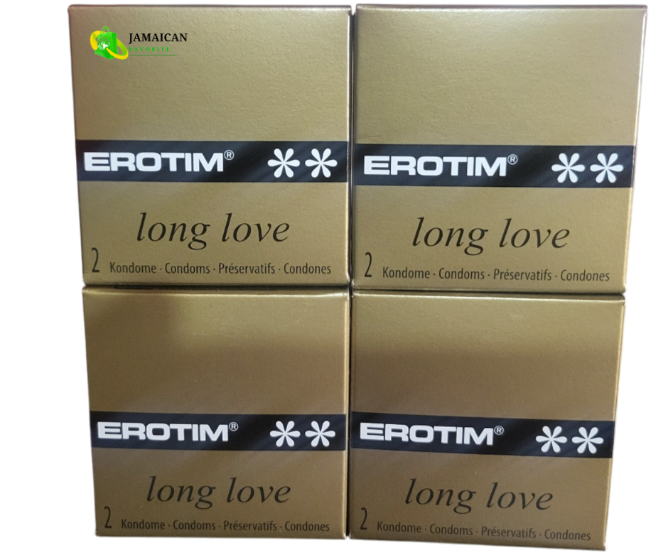 Erotim Long Love Latex Condoms 4 packs of 2’s in gold packaging designed for longer-lasting sex, featuring an ejaculation retarding paste to extend pleasure and satisfaction — available online in Canada.