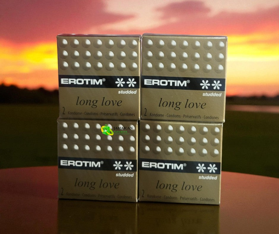Erotim Long Love Studded Condoms 4 packs of 2’s displayed against a sunset background, featuring a textured studded design to enhance pleasure and intimacy — available online in Canada.