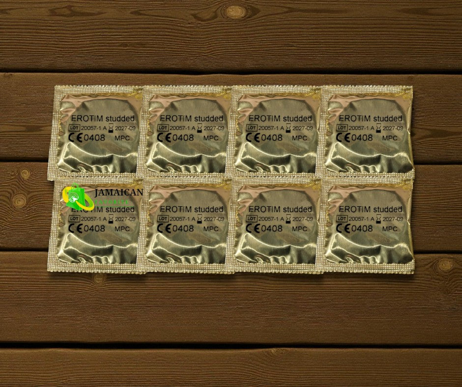 Erotim Studded Condoms in gold foil packaging arranged in a grid, designed to enhance stimulation, pleasure, and intimacy — available online in Canada.