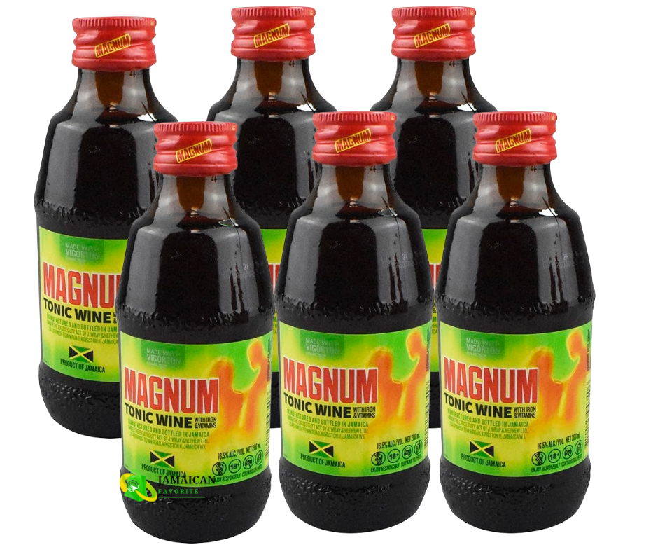 Pack of six 200ml Magnum Tonic Wine bottles — authentic Jamaican tonic wine made with iron and vitamins. Popular energy-boosting drink imported from Jamaica, available at a Caribbean grocery store in Toronto, Ontario.
