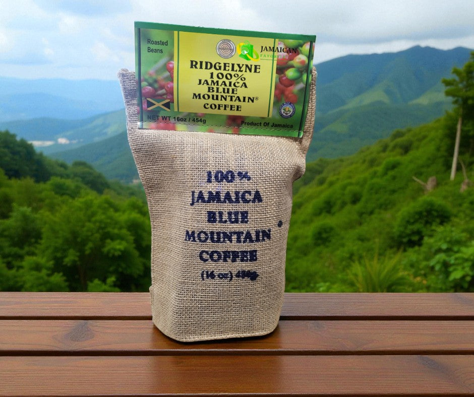 Ridgelyne 100% Jamaica Blue Mountain Coffee 16oz Roasted Beans in Burlap Bag with Blue Mountain Landscape Background – Authentic Jamaican Coffee, Product of Jamaica, Premium Arabica Blend Available in Canada