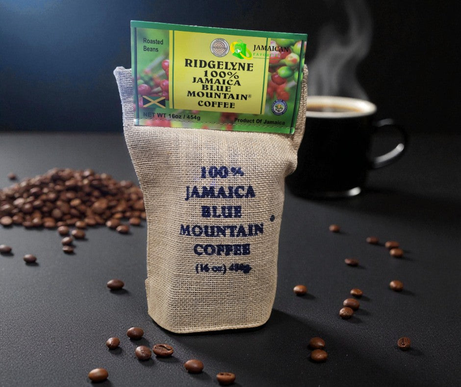 Ridgelyne 100% Jamaica Blue Mountain Coffee 16oz Roasted Beans in Burlap Bag with Cup of Coffee and Beans on Table – Authentic Premium Jamaican Coffee, Product of Jamaica, Available Online in Canada