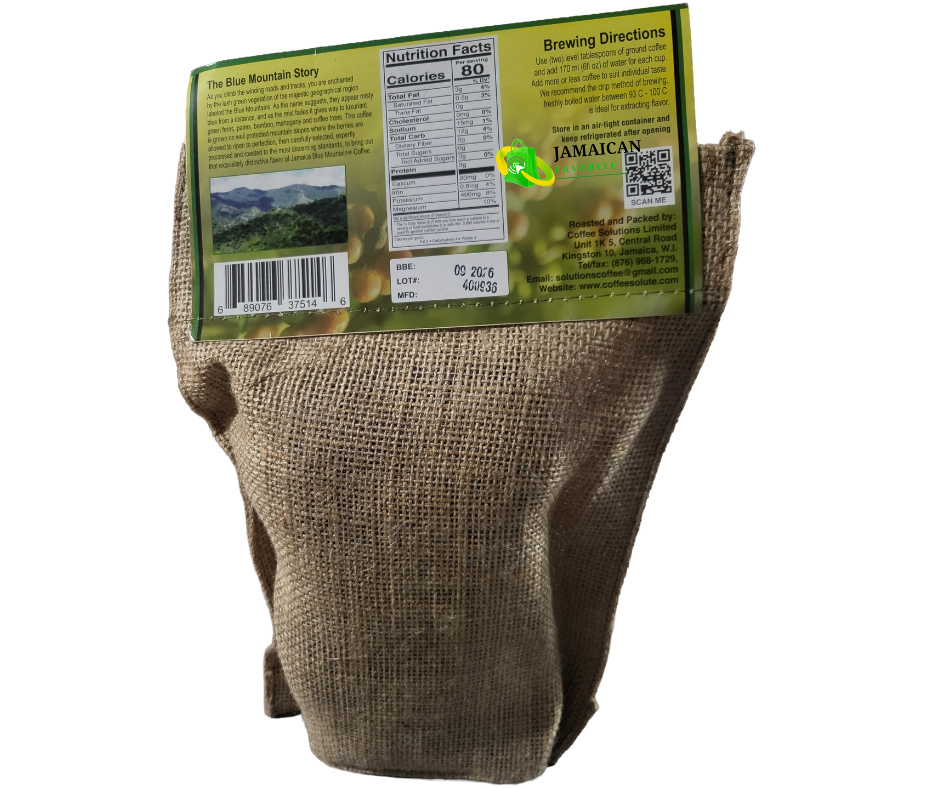 Ridgelyne 100% Jamaica Blue Mountain Coffee back view – roasted beans in burlap bag, Blue Mountain story and brewing directions, authentic Jamaican coffee available in Canada.