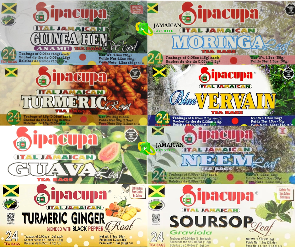 Sipacupa Ital Jamaican Herbal Tea Collection – Guinea Hen Weed, Moringa, Turmeric Root, Blue Vervain, Guava Leaf, Neem Leaf, Turmeric Ginger, and Soursop Leaf Tea – Natural Detox, Energy & Wellness Bundle – Buy Online in Canada