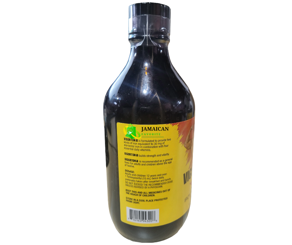 Vigorton 2 Iron & Vitamin Tonic 500mL back label with dosage and directions. Builds strength and vitality with B vitamins, iron, niacinamide, caffeine, and alcohol. Jamaican tonic in Canada.