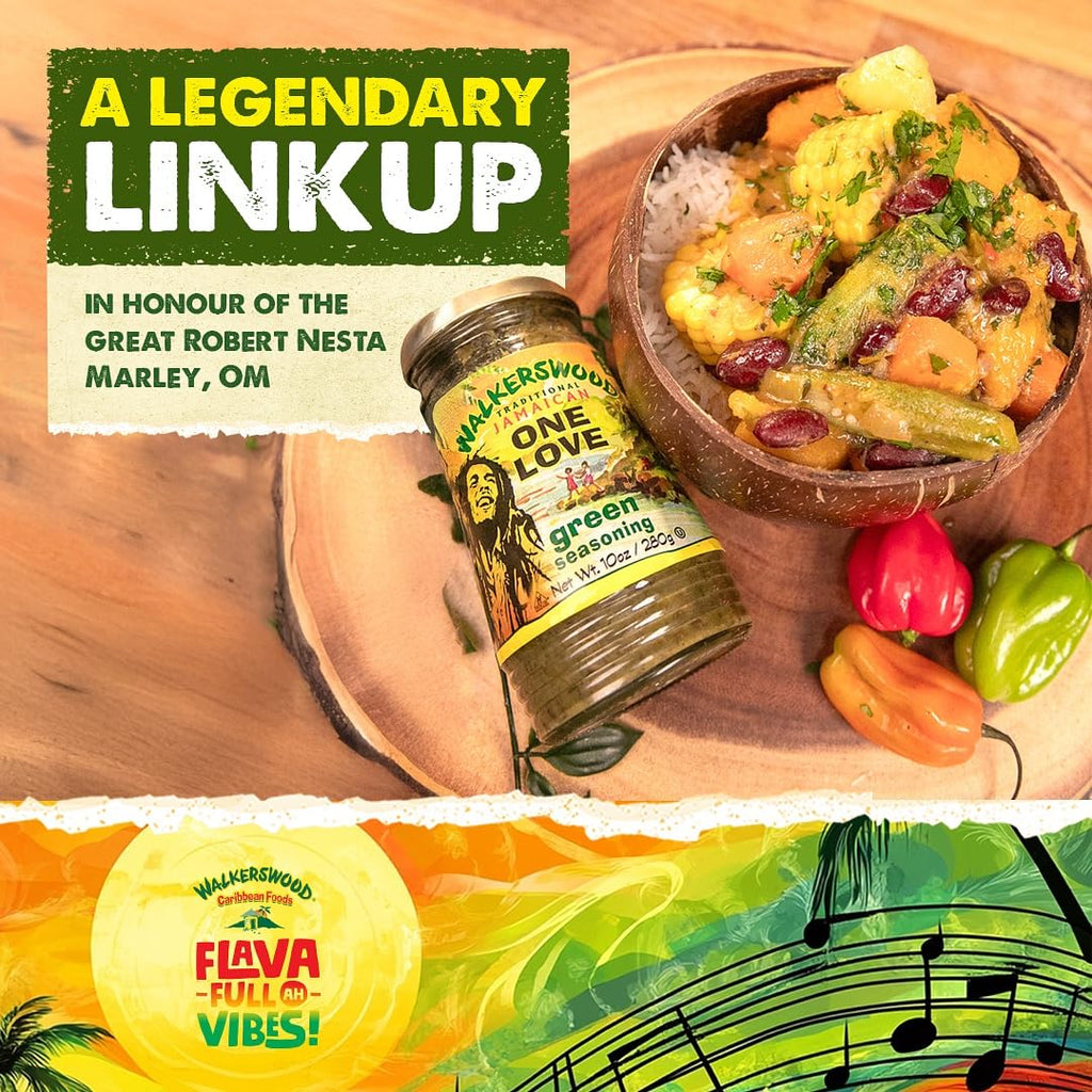 Walkerswood One Love Green Seasoning 10oz jar beside a bowl of Jamaican vegetable stew and Scotch bonnet peppers – celebrating authentic Caribbean flavor in honor of Bob Marley, available in Canada.