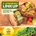 Walkerswood One Love Green Seasoning 10oz jar beside a bowl of Jamaican vegetable stew and Scotch bonnet peppers – celebrating authentic Caribbean flavor in honor of Bob Marley, available in Canada.