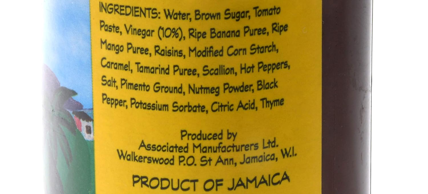 Walkerswood One Stop Sauce Ingredients:
Water, Brow Sugar, Tomato Paste, Vinegar (10%), Ripe Banana Puree, Ripe Mango Puree, Raisins, Modified Corn Starch, Caramel, Tamarind Puree, Scallion, Hot Peppers, Salt, Pimento Ground, Nutmeg Powder, Black Pepper, Potassium Sorbate, Citric Acid, Thyme.