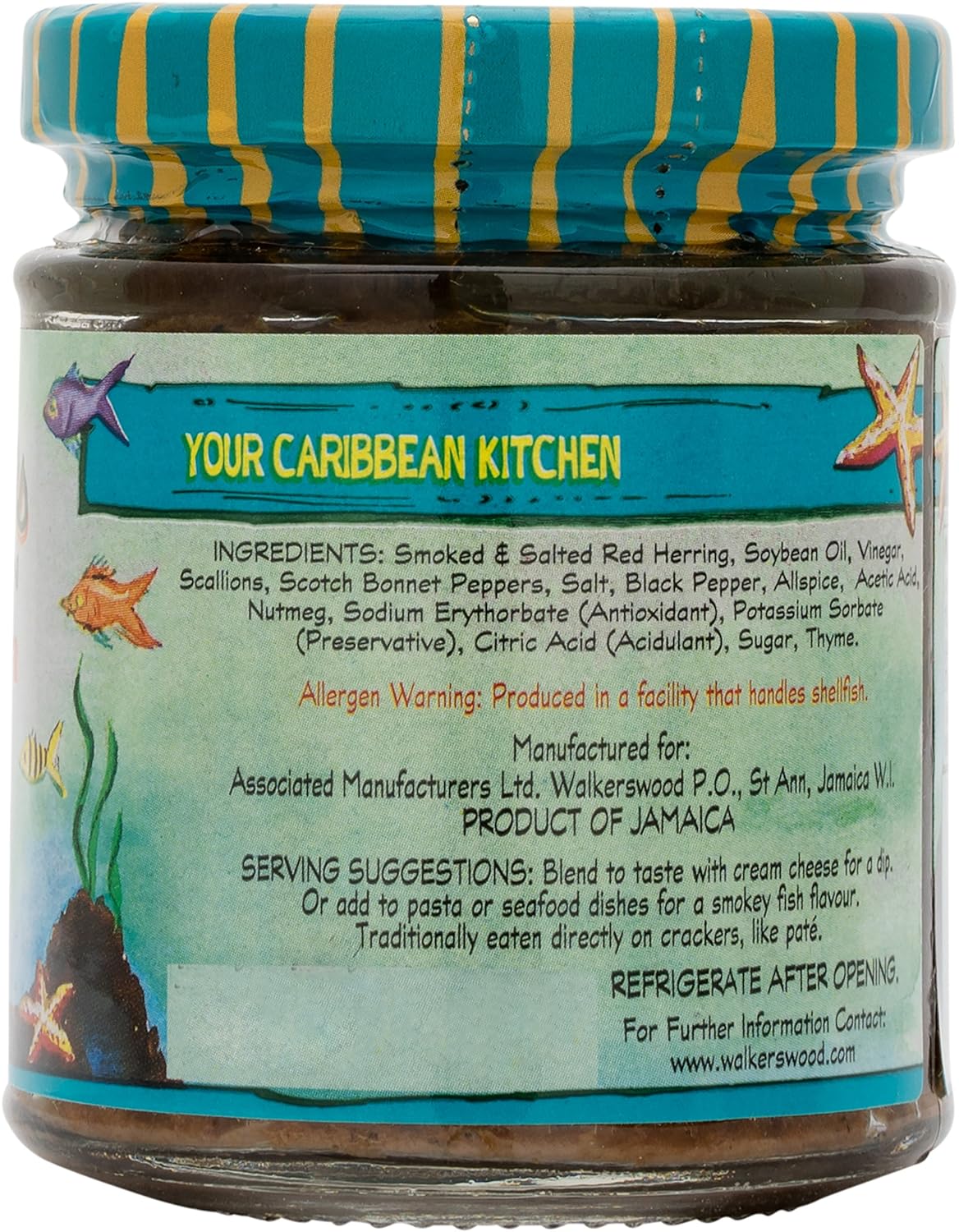 Walkerswood Solomon Gundy INGREDIENTS:
Smoked &amp; Salted Red Herring, Soybean Oil, Vinegar, Scallions, Scotch Bonnet Peppers, Salt, Black Pepper, Allspice, Nutmeg, Sodium Erythorbate (antioxidant), Potassium Sorbate (preservative) Acetic Acid, Citric Acid (acidulant), Sugar, Thyme