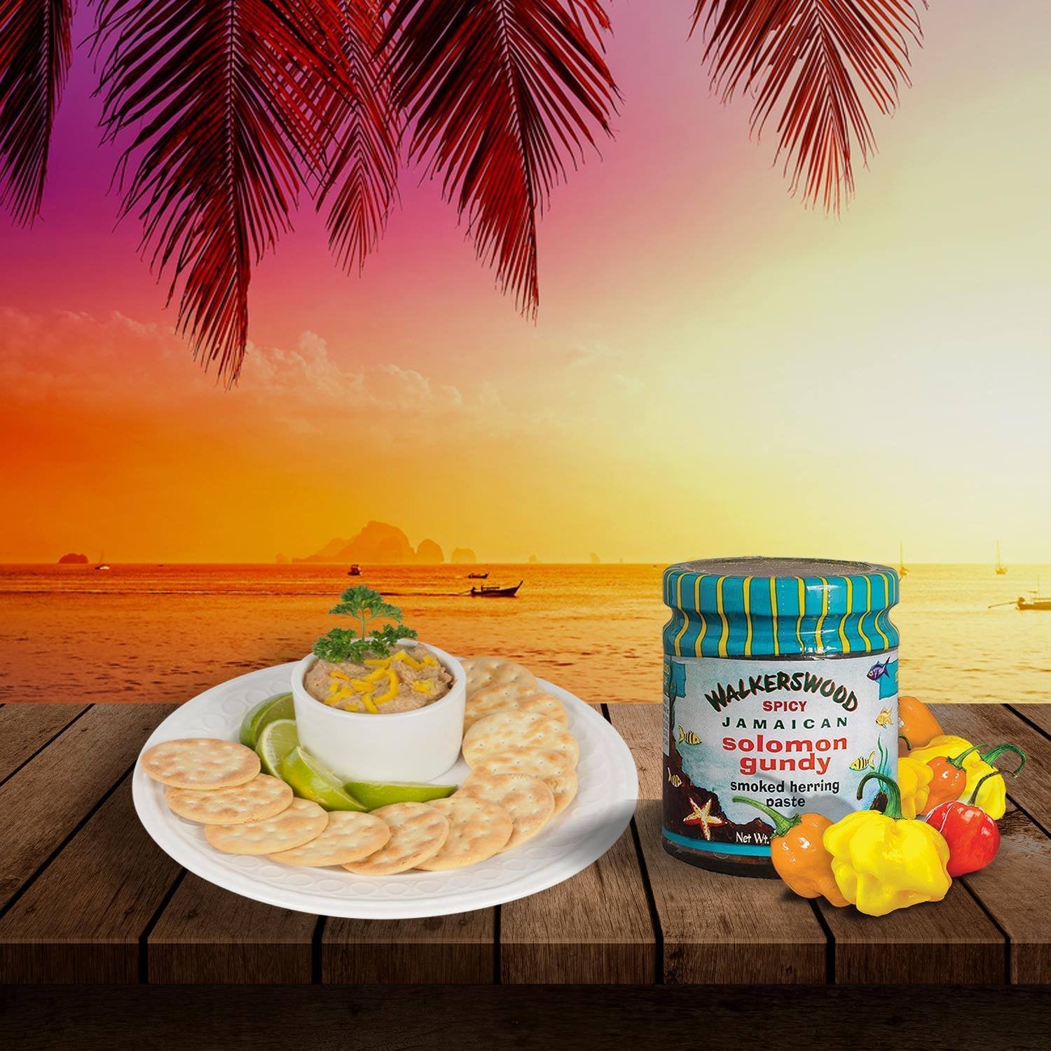 Jar of Walkerswood Jamaican Solomon Gundy on a table with a scenic background