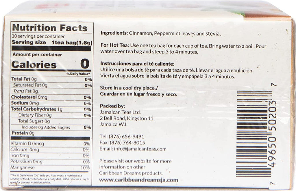 Caribbean Dreams Diabetics’ Choice Cinnamon Mint With Stevia Tea (20 Tea Bags)