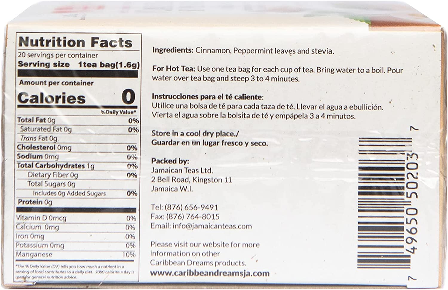 Caribbean Dreams Diabetics’ Choice Cinnamon Mint With Stevia Tea (20 Tea Bags)