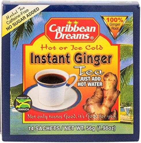 Caribbean Dreams Ginger Tea Unsweetened. All of our Herbal Teas are Caffeine Free, rich in Antioxidants and Vitamins, and are truly delicious when served traditionally as Hot Tea or as Iced Tea.