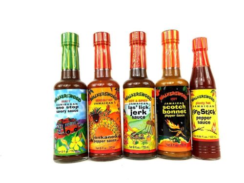 Walkerswood Hot & Savory Sauce Kit - Zesty Caribbean One Stop Sauce; Jonkanoo Pepper Sauce; Las'Lick Jerk Sauce; Scotch Bonnet Pepper Sauce & Fire Stick Sauce (1 each)